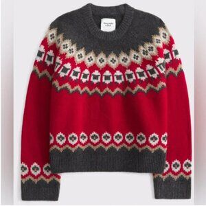 NWT ABERCROMBIE MADELINE FAIRISLE WOMEN'S CREWNECK SWEATER--XS--RED CHARCOAL